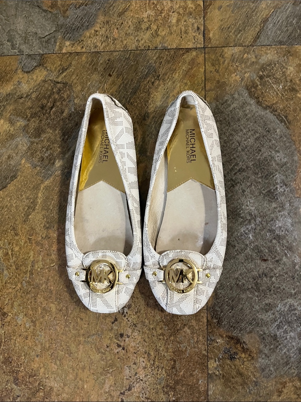 Michael Kors White Logo Ballet Flats with Gold MK Emblem